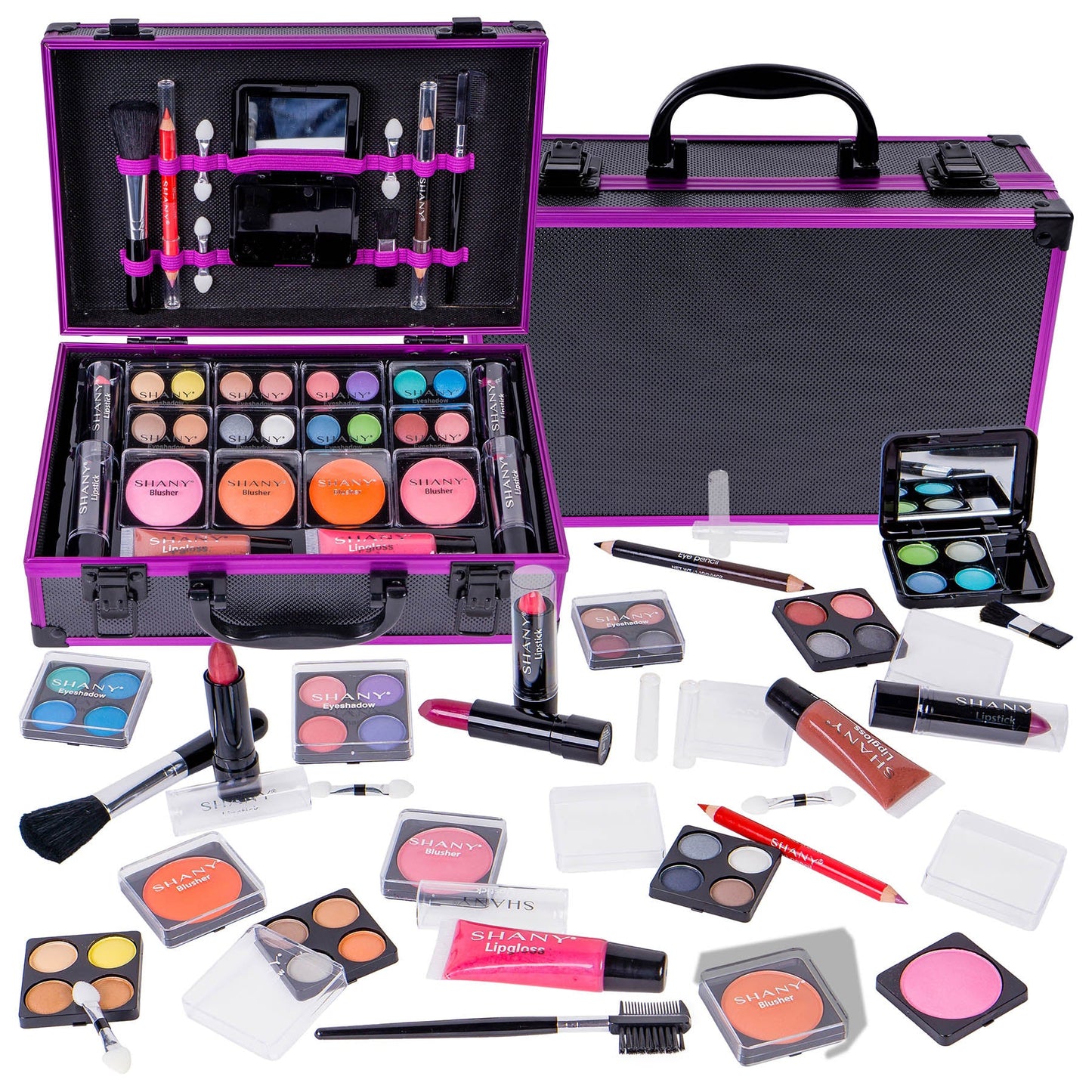 SHANY Carry All Makeup Train Case with Pro Makeup Set , Makeup Brushes, Lipsticks, Eye Shadows, Blushes, Powders, and more - Reusable Makeup Storage Organizer - Premium Gift Packaging - Purple - SHOP PURPLE - MAKEUP SETS - ITEM# SH-10402-PR
