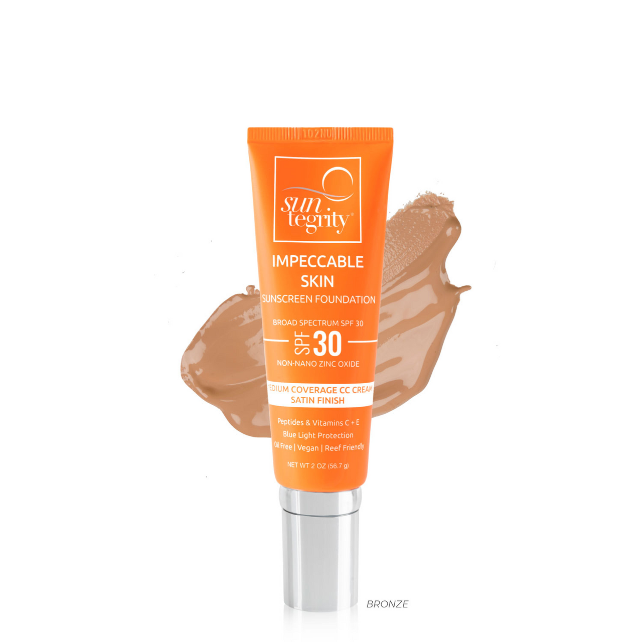 Tube of tinted sunscreen with a swatch of the product beside it.